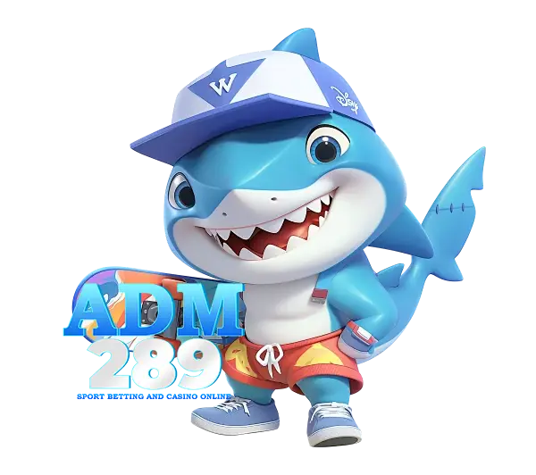 ADM289 สล็อตเว็บตรง ภาพฉลามการ์ตูนใส่หมวกสไตล์สดใส โทนฟ้าน้ำทะเลทันสมัย