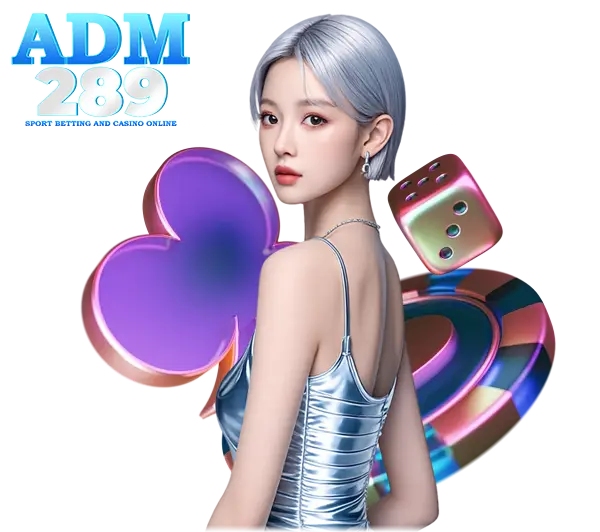 ADM289 คาสิโนออนไลน์ ภาพผู้หญิงผมสีเงินถือไพ่ พื้นหลังโทนม่วงฟ้าน้ำทะเลสไตล์พรีเมียม