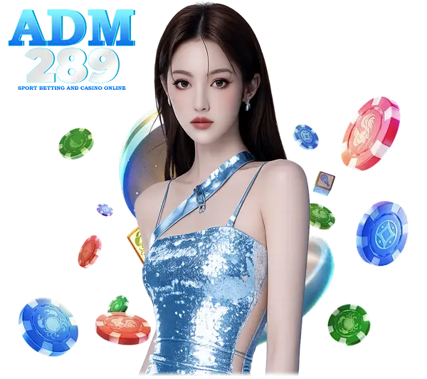 ADM289 คาสิโนเว็บตรง ภาพผู้หญิงชุดฟ้าพร้อมชิปคาสิโนหลากสี โทนฟ้าน้ำทะเลพรีเมียม