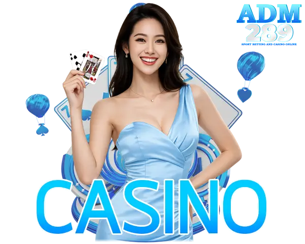 ADM289 คาสิโนออนไลน์ ไอคอนผู้หญิงชุดสีฟ้าพร้อมตัวอักษร CASINO โทนฟ้าน้ำทะเลพรีเมียม